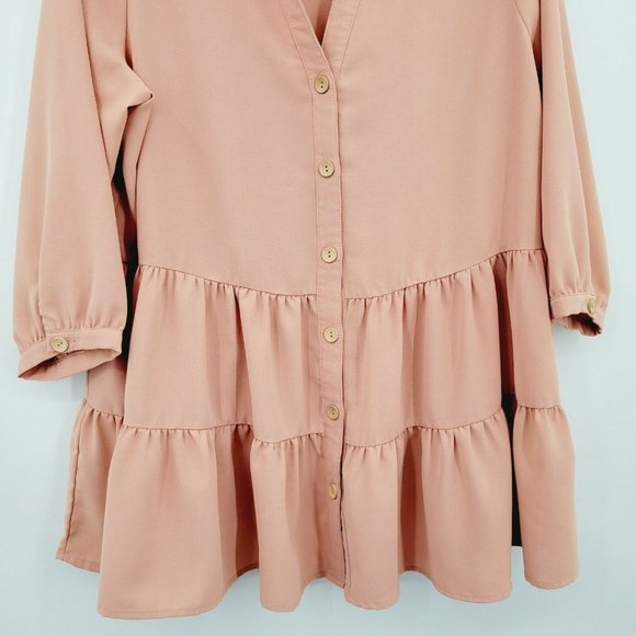 Entro Button-up Tiered Tunic Pink Size L Quarter Sleeve Solid Ruffle Split Neck - Picture 5 of 11